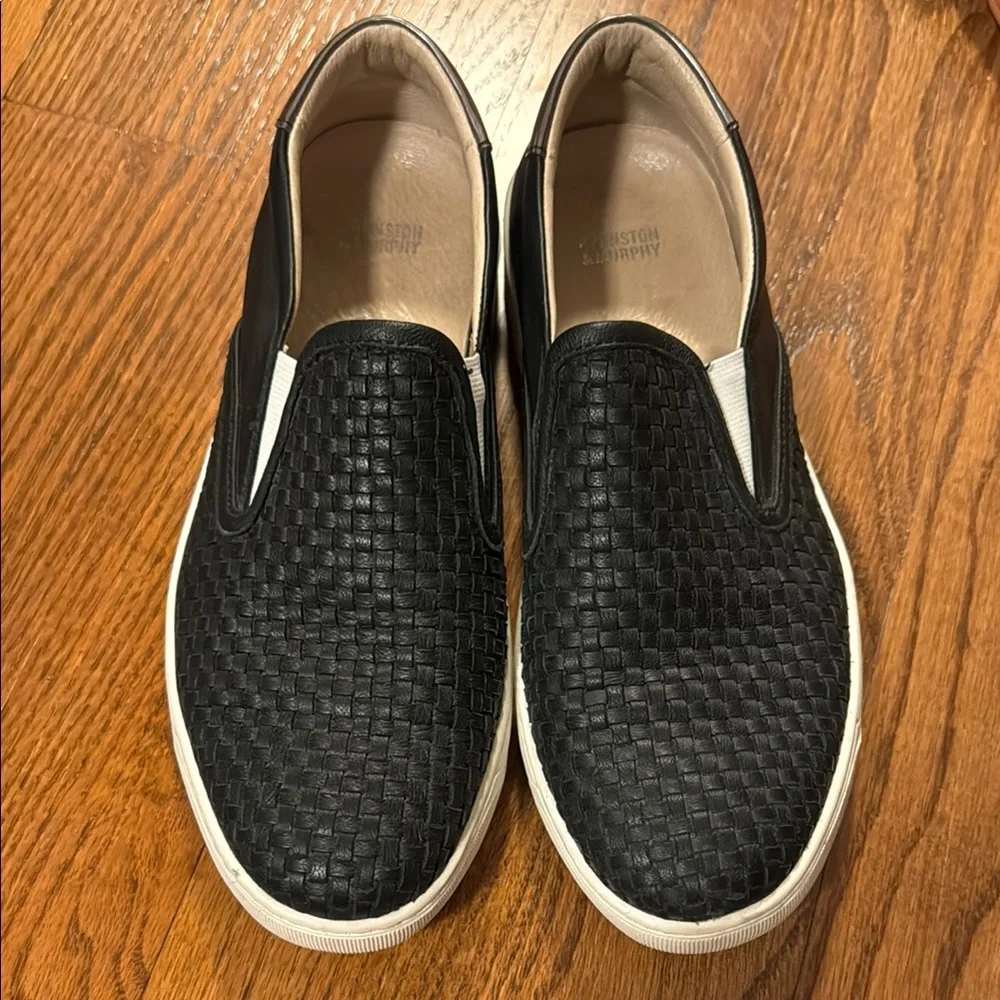 Johnston & Murphy black woven leather slip ons with white soles size 8